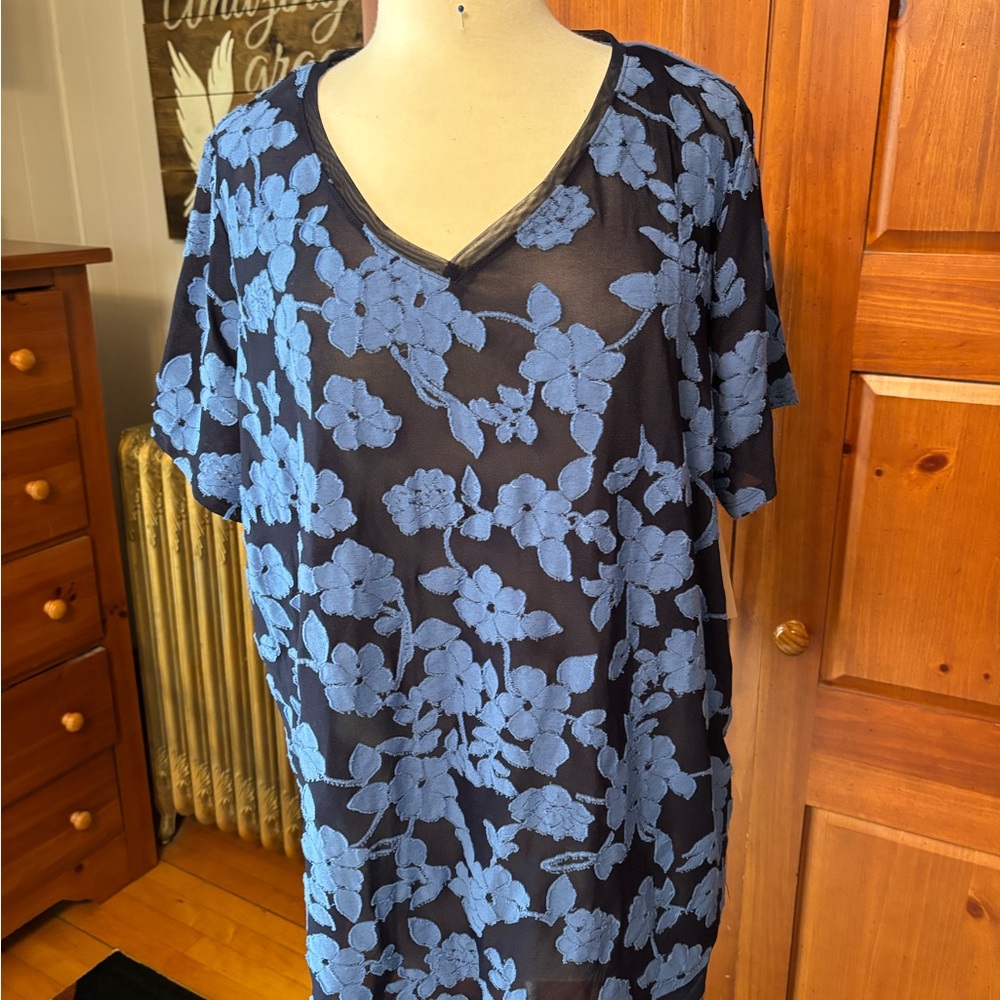 EVRI Sheer Blouse with Navy Floral Design